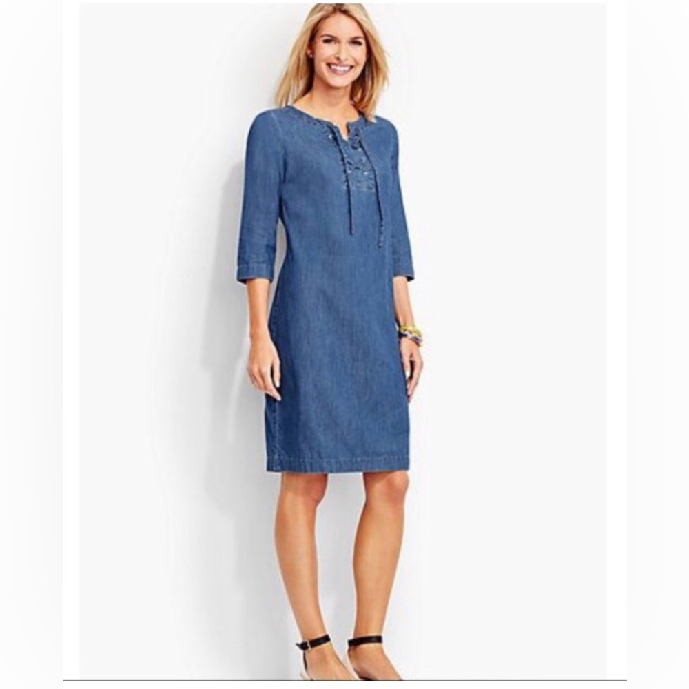 Talbots Chambray Lace Up Dress Size 4 100% Cotton Blue